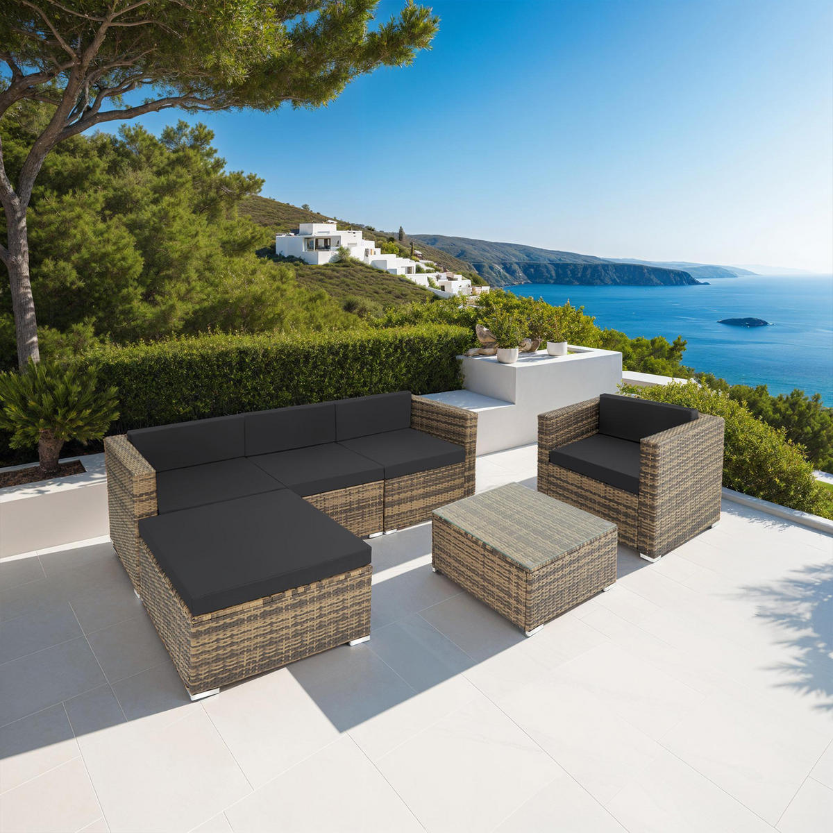 RATTANLOUNGE Milano, mit Sicherheitsglasplatte, natur - Naturfarben, Kunststoff - tectake