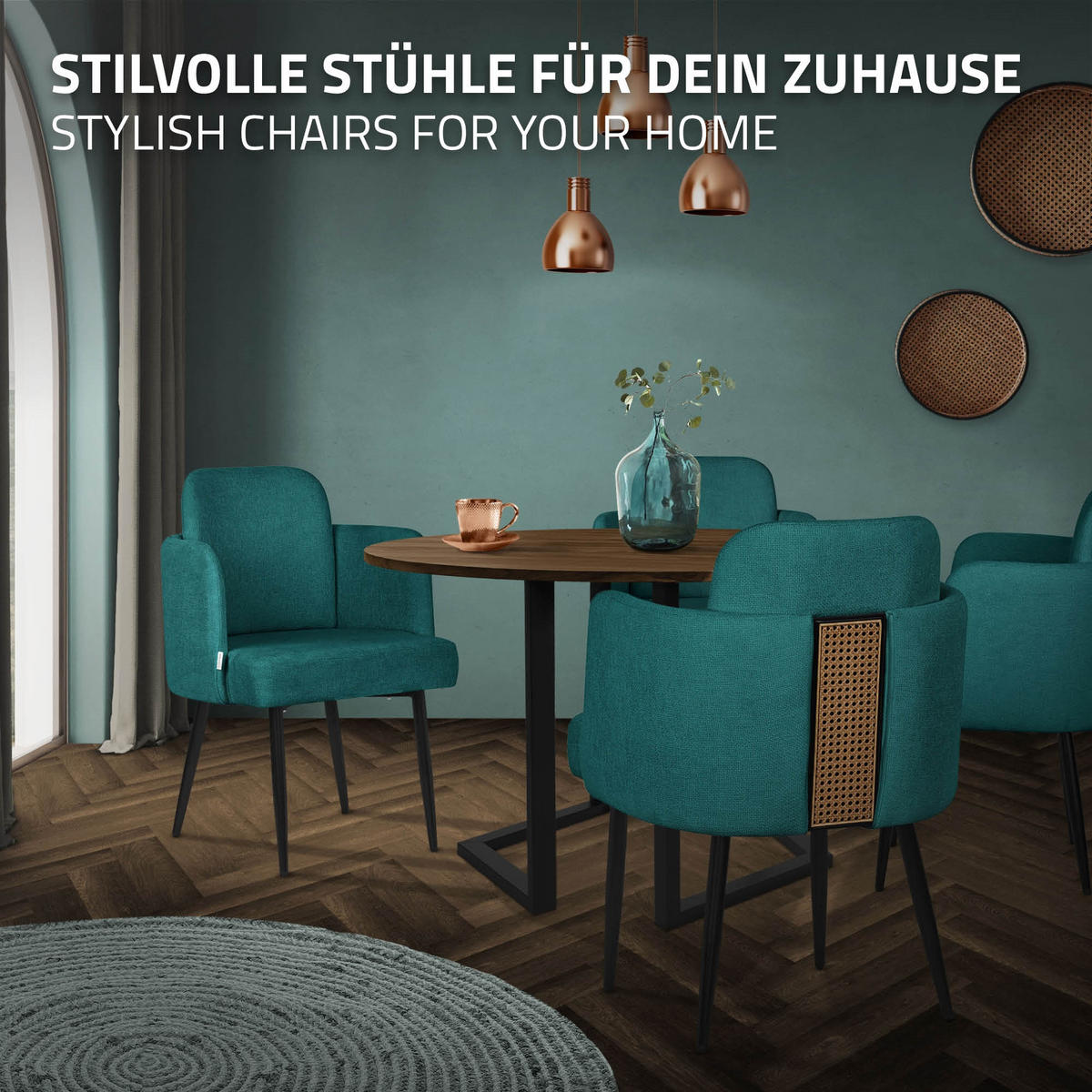 ESSZIMMERSTÜHLE 2er Set Petrol mit Stoffbezug Rattan Optik - Petrol/Schwarz, Textil/Metall (59/86/59cm) - ML-DESIGN