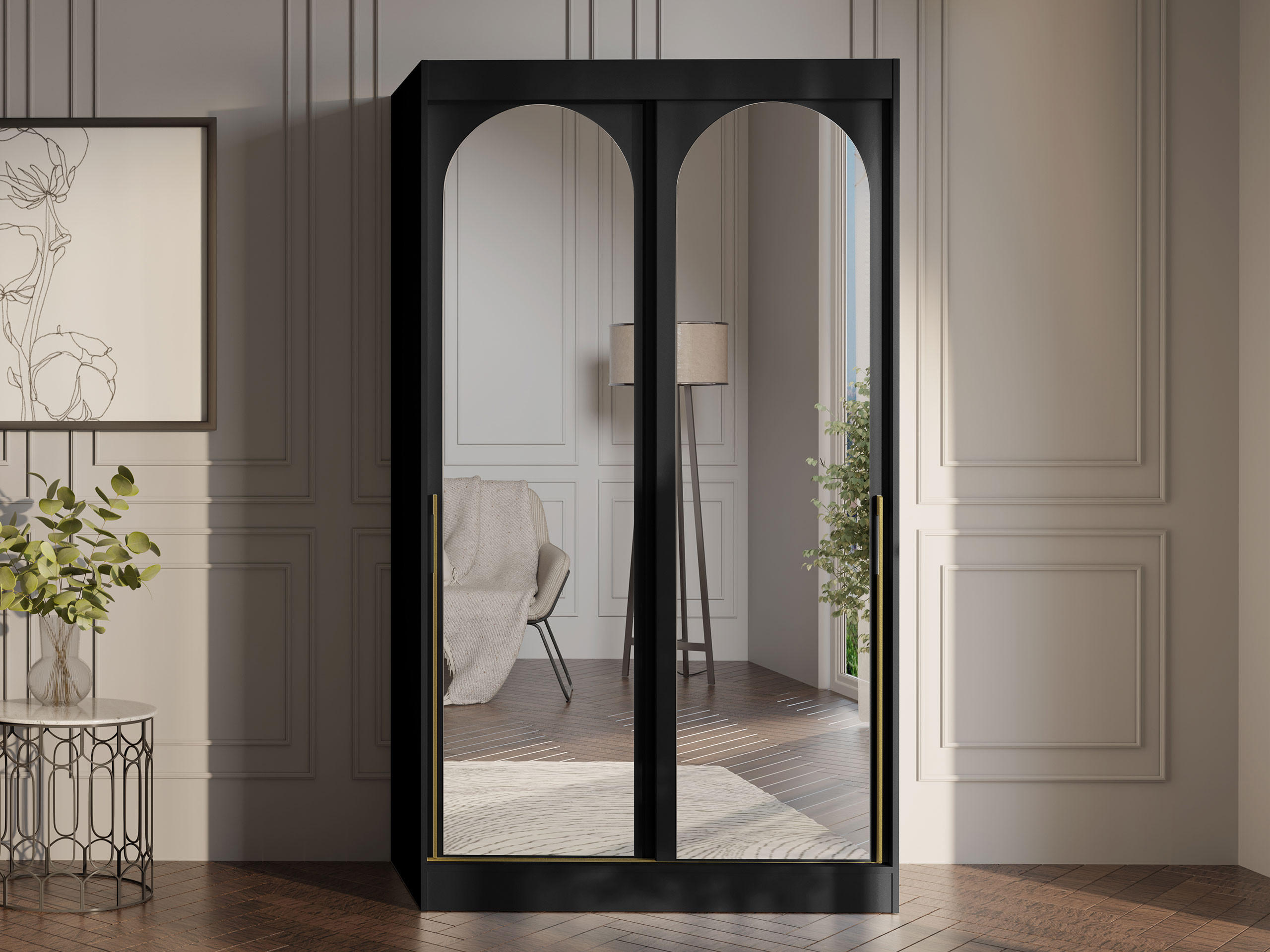SCHIEBETÜRENSCHRANK Modin 120 - Goldfarben/Schwarz, Holzwerkstoff/Kunststoff (120/216/65cm) - MIRJAN24