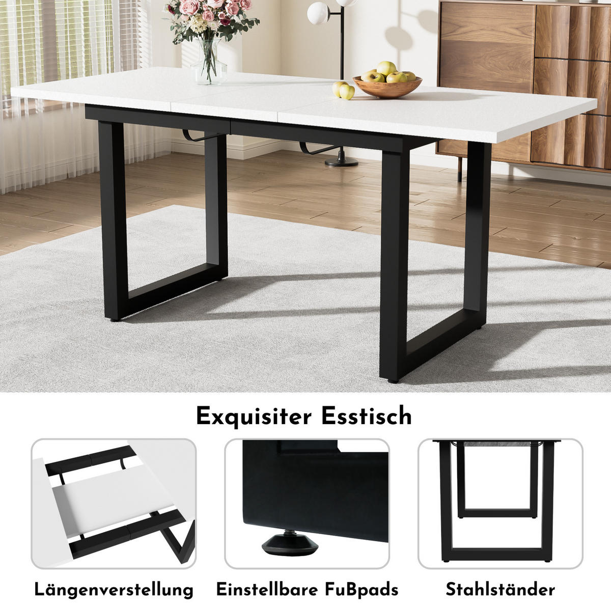 JÍDELNÍ stůl 140/180/80/75 cm bílá/černá z MDF a kovu rozkládací - bílá, kompozitní dřevo (180/80/75cm) - OKWISH