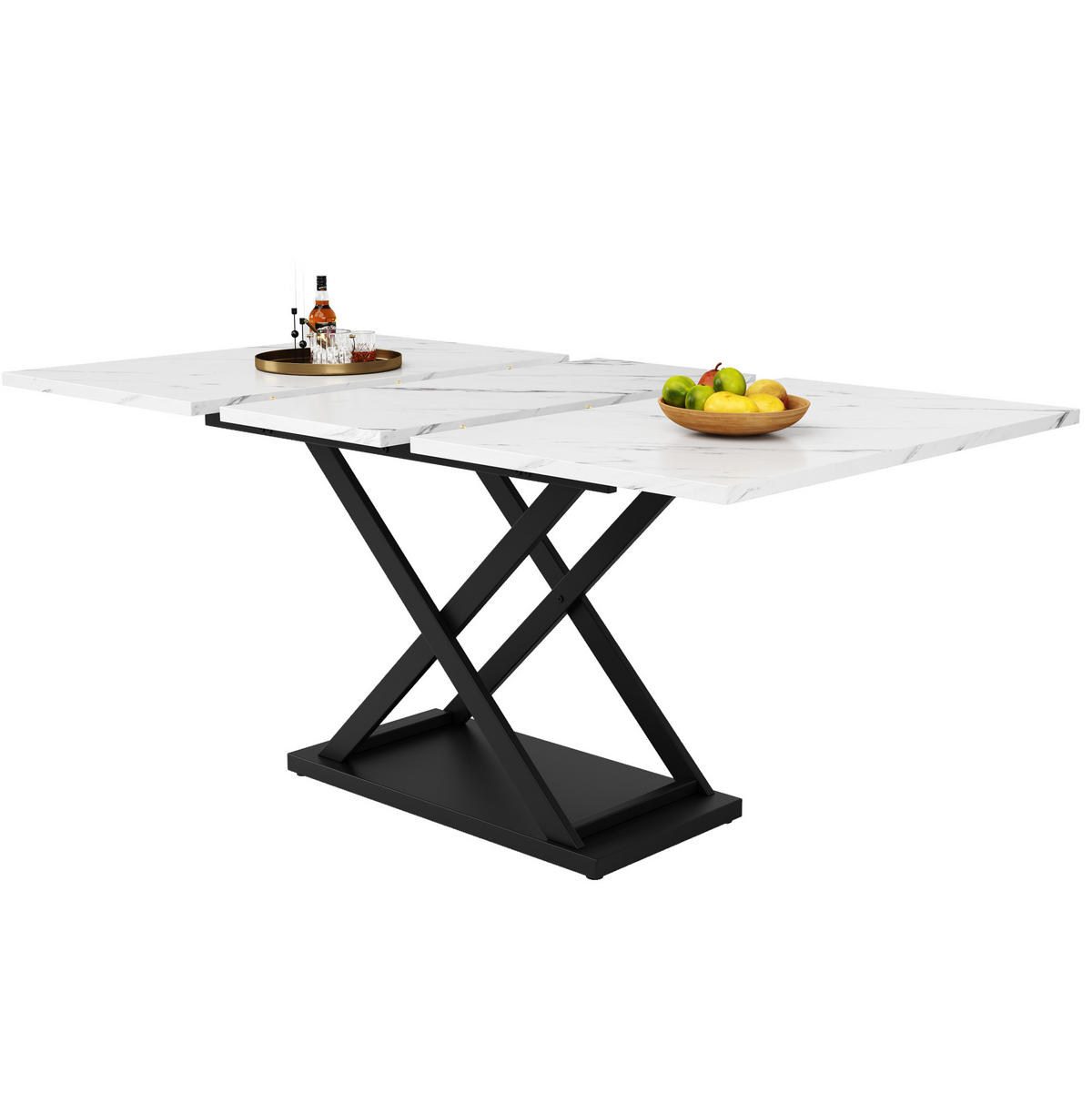 ESSTISCH aus MDF und Metall 120-160x80x75 cm Weiß/Schwarz ausziehbar mit Kreuzgestell und Marmor-Optik - Weiß, Holzwerkstoff (160/80/75cm) - Modfu
