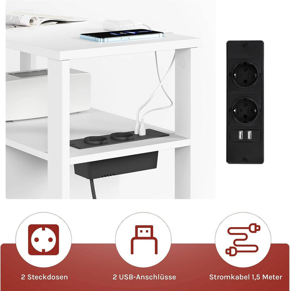 BEISTELLTISCH mit Steckdose, 60x60x30 cm - Weiß, Holzwerkstoff (30/60/60cm) - Woltu