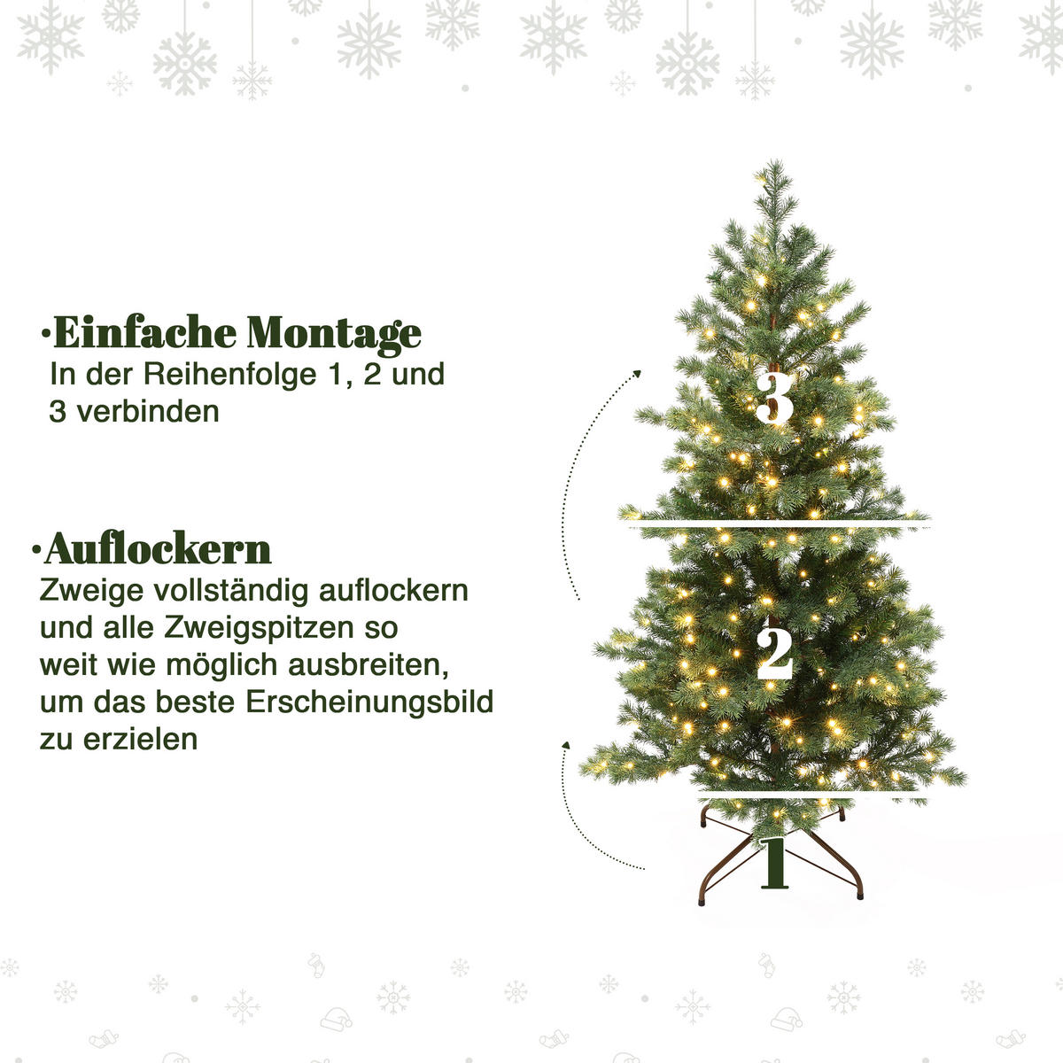 WEIHNACHTSBAUM 150 cm mit Beleuchtung, 1.068 PE-/PVC-Spitzen，250 LEDs - Grün, Kunststoff (150cm) - Hometopia