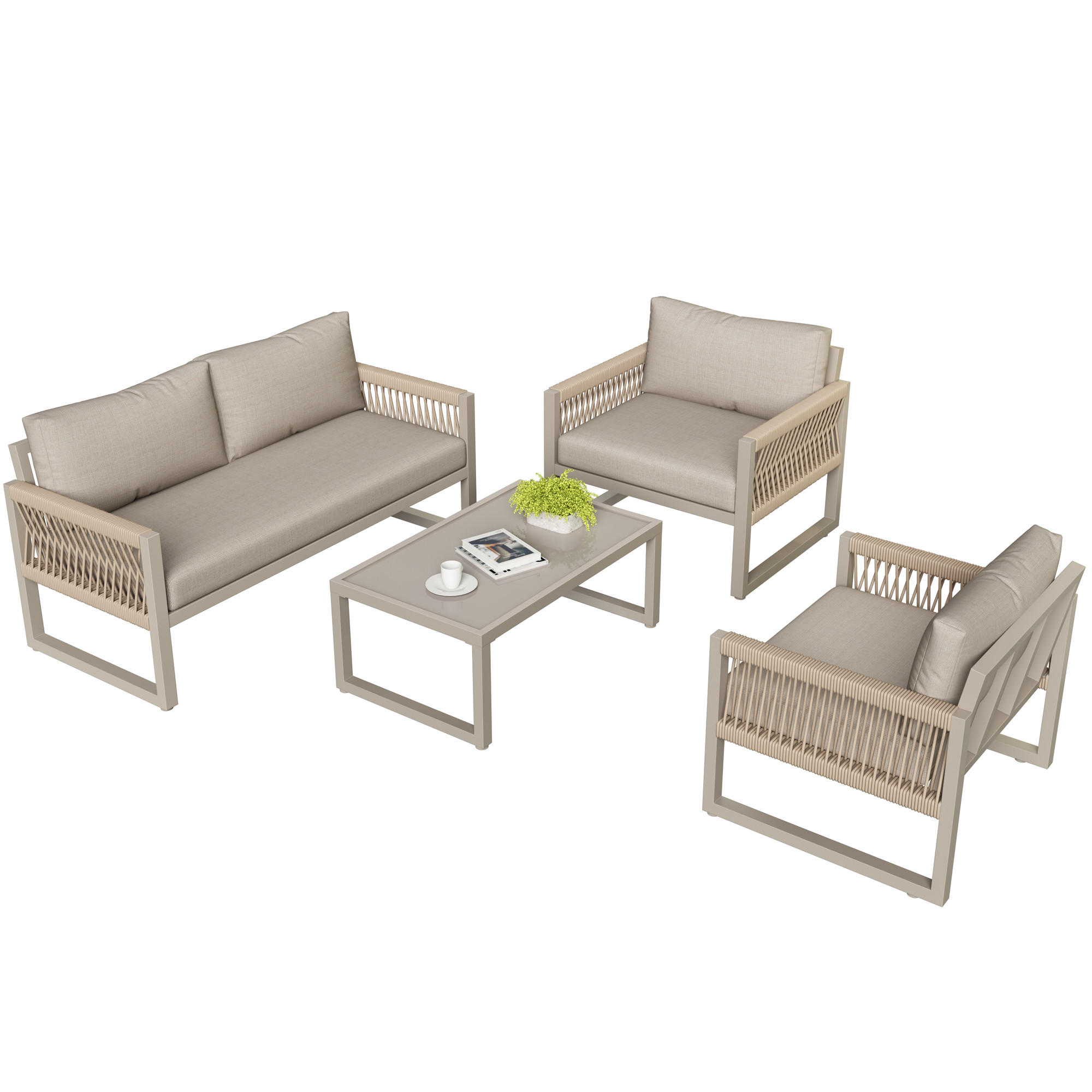 GARTEN-LOUNGE-SET Seil Khaki 4er-Set - Beige, Metall - ComfortXL