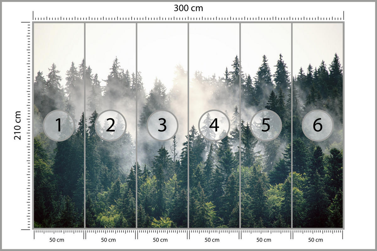 FOTOTAPETA Pre Obývaciu Izbu Hmlový Ihličnatý Les Hora Mystika Stromy 300 x 210 cm - biela/zelená, papier (300/210cm) - Muralo