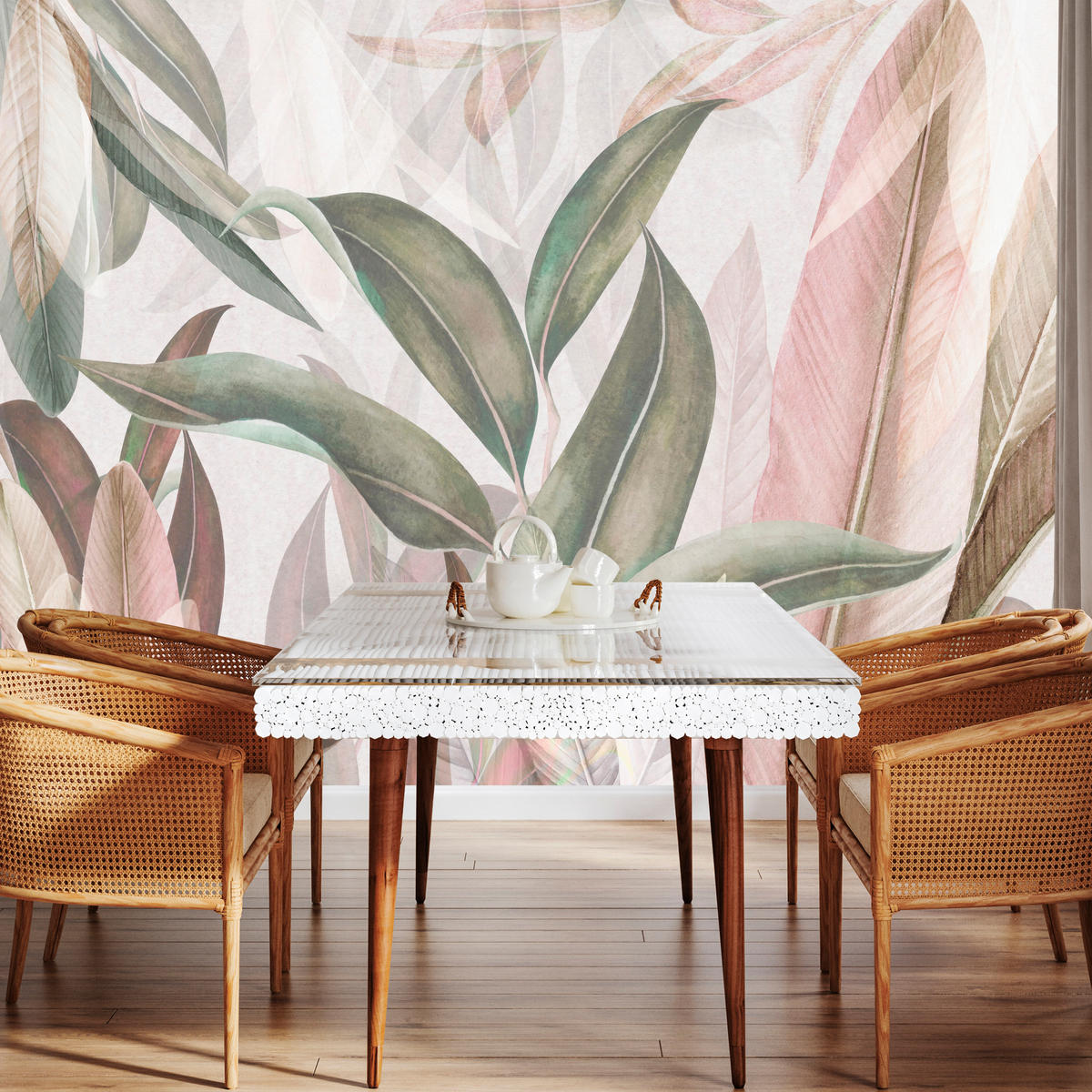 FOTOTAPETE für Wohnzimmer Empfindlich Pastell Bananenblätter 400x280 - Beige/Rosa, Papier (400/280cm) - Muralo