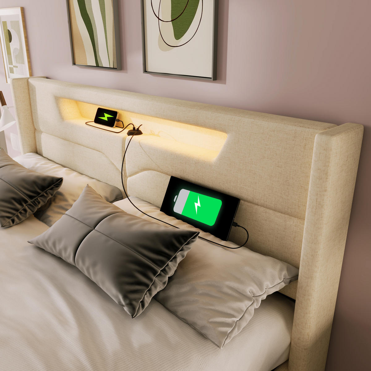 POLSTERBETT 160/200 cm Beige aus Leinen mit LED-Beleuchtung und USB-Anschluss - Beige, Textil (160/200cm) - OKMYHOME