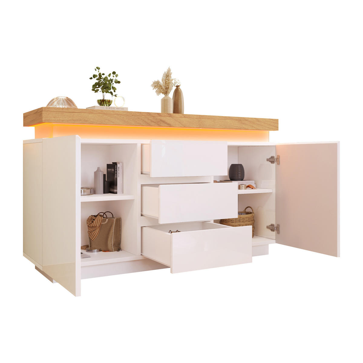 SIDEBOARD 140 cm in Weiß Hochglanz mit Smart-LED & 3 Schubladen - Weiß, Holzwerkstoff (140/81/39cm) - Urban Meuble