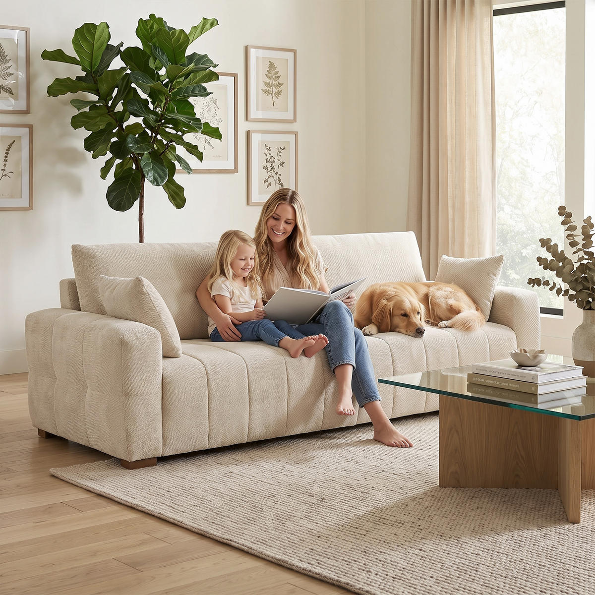 3-SITZER-SOFA Polyester Cremeweiß - Creme, Holz/Textil (86/84/220cm) - HOMCOM