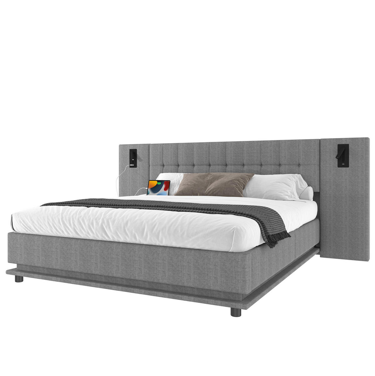 ČALÚNENÁ posteľ z ľanu 180x200 cm sivá s LED osvetlením, USB portom, bodovým svetlom a bez matraca - sivá, textil (180/200cm) - Modfu