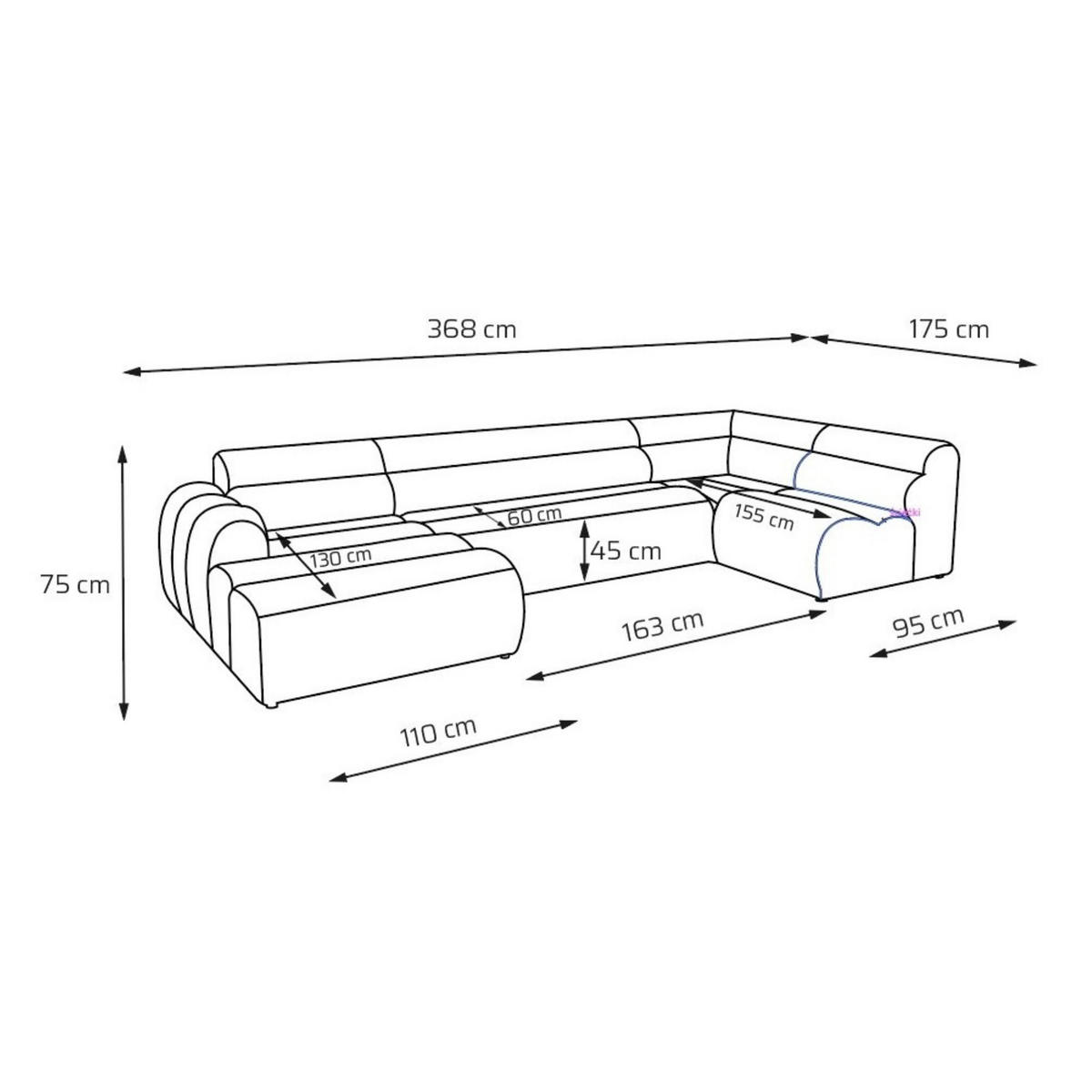 6-SITZER modulares Wohnlandschaft U XXL VEER SET 5 Rechts, 368 x 175 cm, Chenille Webstoff Anthrazit - Anthrazit/Schwarz, Holz/Kunststoff (175/75/368cm) - Muffo