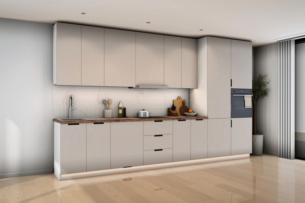 KÜCHENZEILE Sorento Weiß & Beige – 400 cm – K58-G400 R - Beige/Schwarz, Holzwerkstoff/Metall (400/247/58cm) - ROYAL24_MARKT