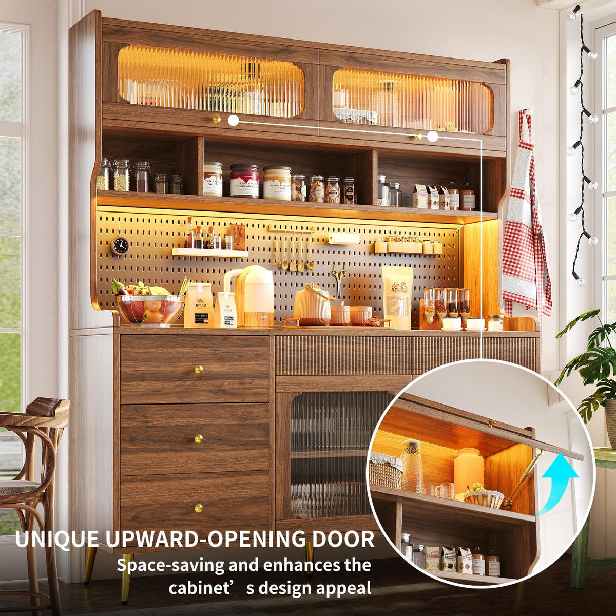 KÜCHENSCHRANK 145/171/39 cm MDF und Glas Walnuss MIT LED-BELEUCHTUNG, Aufbewahrungsschrank mit Lochwand für Wohnzimmer - Walnussfarben, Holzwerkstoff (39/171/145cm) - Rolipo