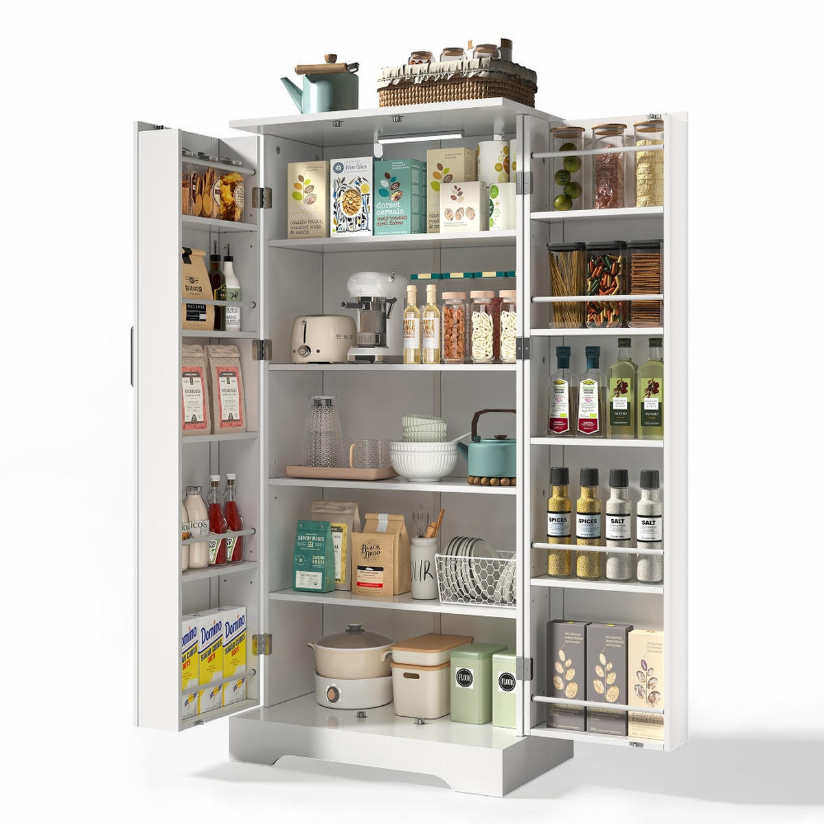 KÜCHENSCHRANK Weiß, Multifunktional mit LED-Sensorleuchte, Höhenverstellbare Einlegeböden, Doppeltür, 60/128/35 cm - Weiß, Kunststoff (35/128/60cm) - Rolipo