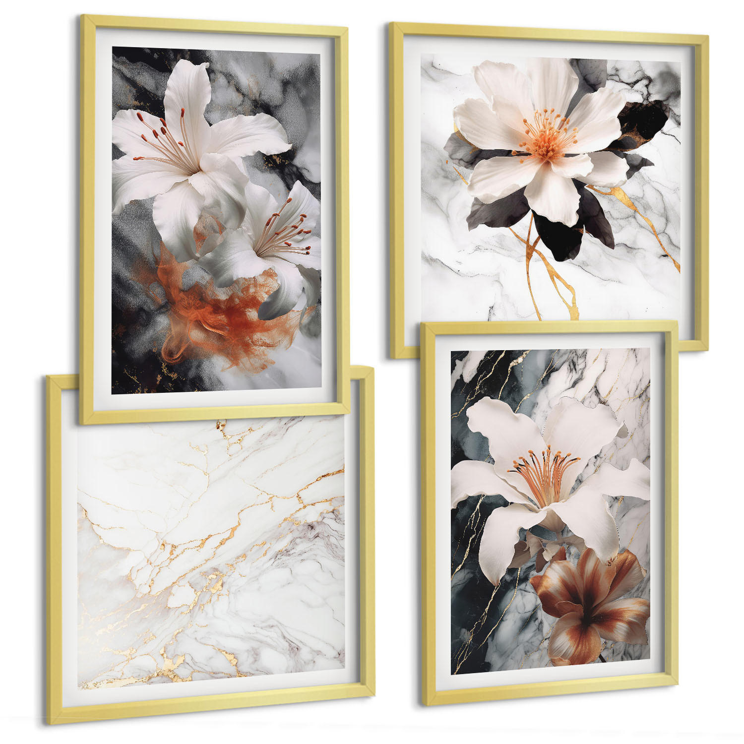 BILDER SET 4er Set - 50x50 cm & 40x60 cm Goldrahmen - Blumen Marmor weiß schwarz - Goldfarben, Kunststoff (50/50cm) - TULUP