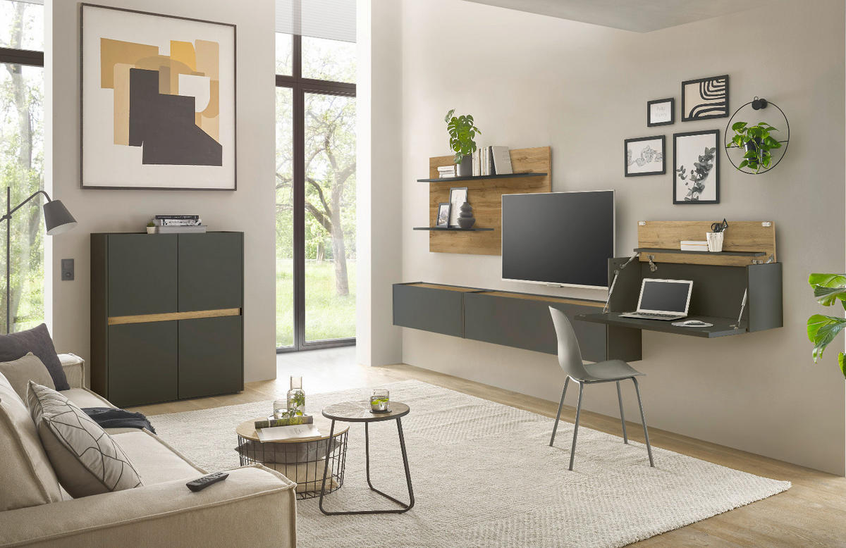WOHNWAND grau matt, Eiche Wotan 470 cm, Schrankwand mit Sekretär - Eiche Wotan/Grau, Holzwerkstoff/Kunststoff (470/180/40cm) - Furn.Design