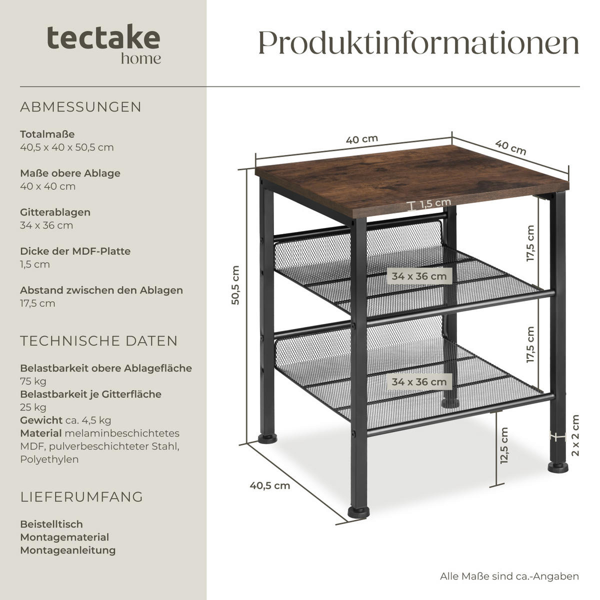 BEISTELLTISCH Lincoln,40,5 x 40 x 50,5 cm,Industrial Holz dunkel, rustikal - Rostfarben, Holz (40.5/40/50.5cm) - tectake