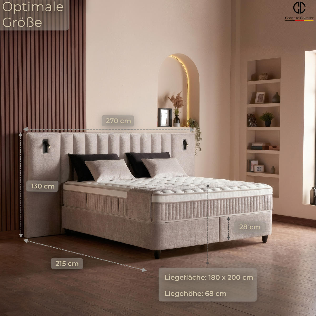 BOXSPRINGBETT MIT BETTKASTEN PALERMO 180/200 cm, Beige, Bettkasten, Matratze, Topper integriert, H3 mittel 7-Zonen Matratze - Creme/Schwarz, Holz/Kunststoff (180/200cm) - Consilio Concept