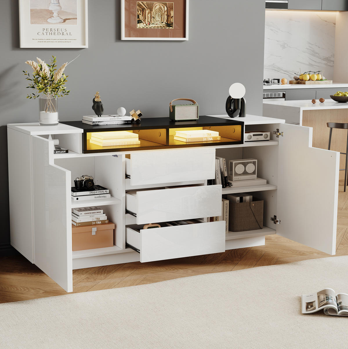 SIDEBOARD 140/40/68 cm in Weiß/Schwarz mit LED-Beleuchtung und 3 Schubladen - Weiß, Holzwerkstoff (140/68/40cm) - Flora Grace