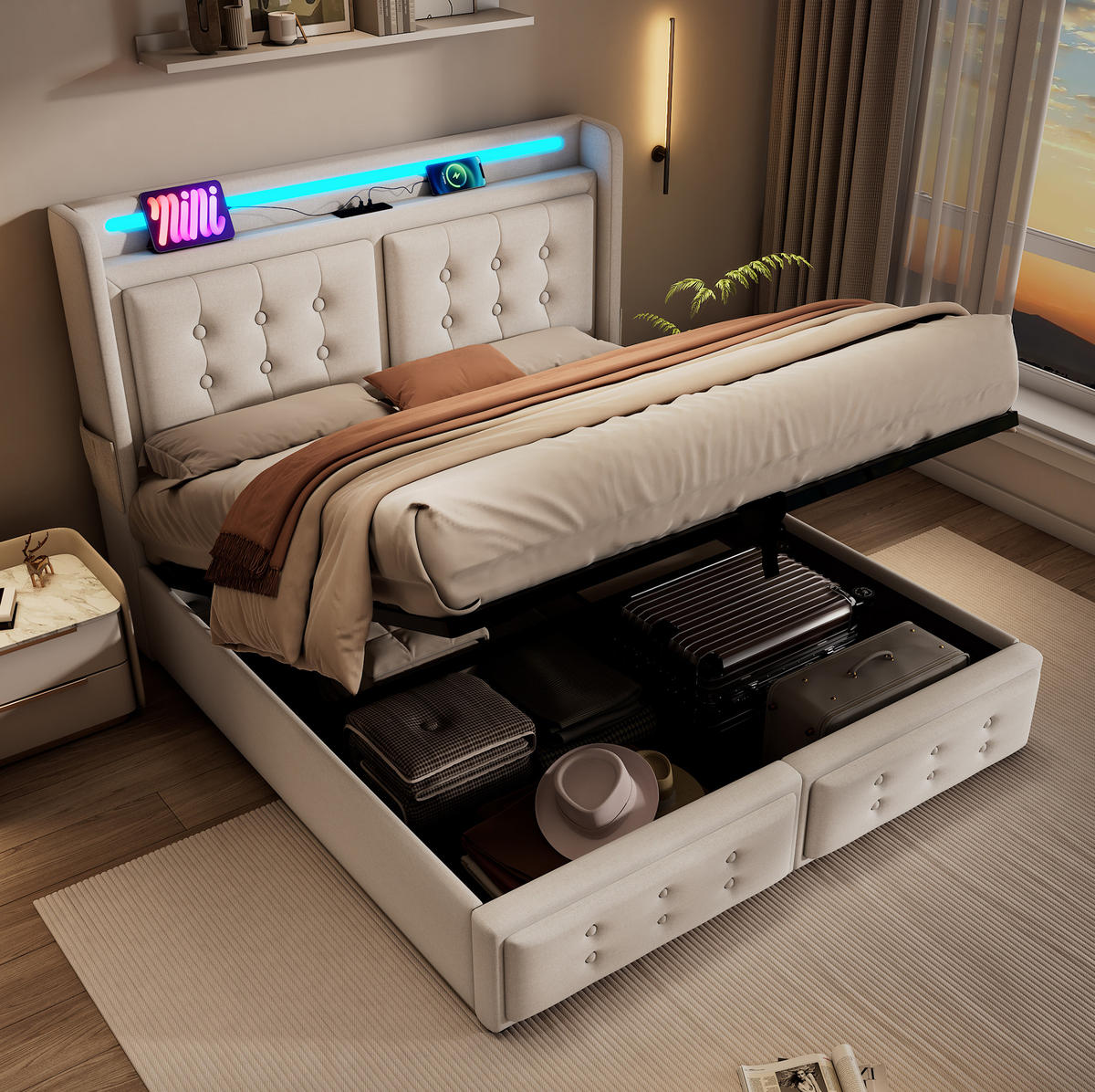 POLSTERBETT mit Stauraum, LED und USB 140x200 cm Beige - Beige, Metall (140/200cm) - Meubliv