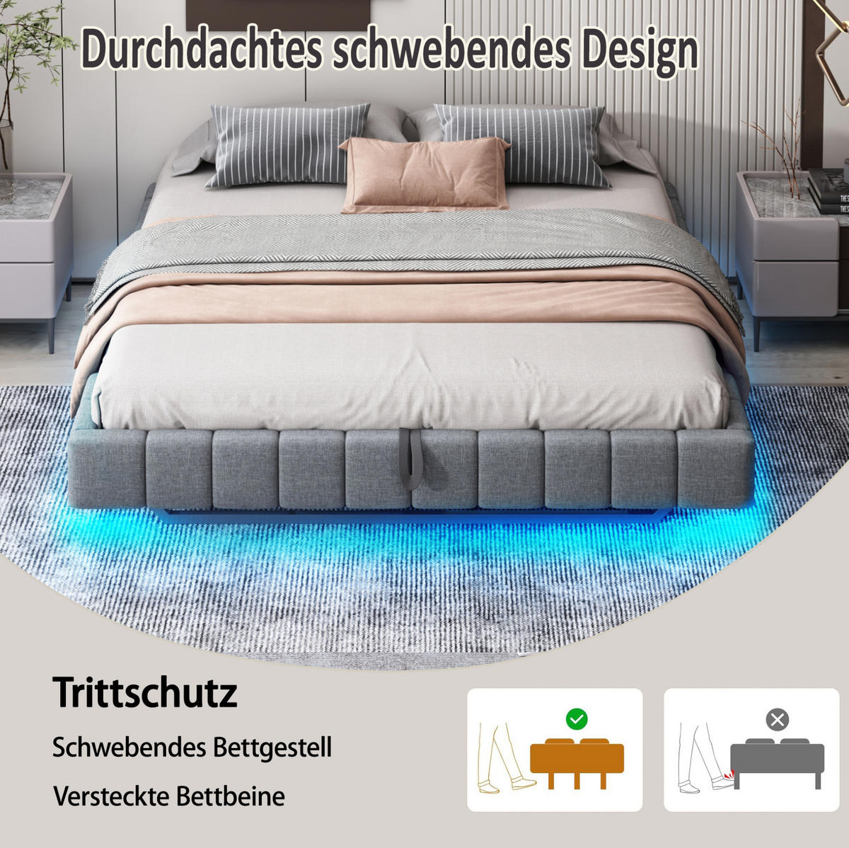 POLSTERBETT 140/200 cm grau aus Stoff mit LED und Stauraum - Grau, Textil (140/200cm) - OKMYHOME