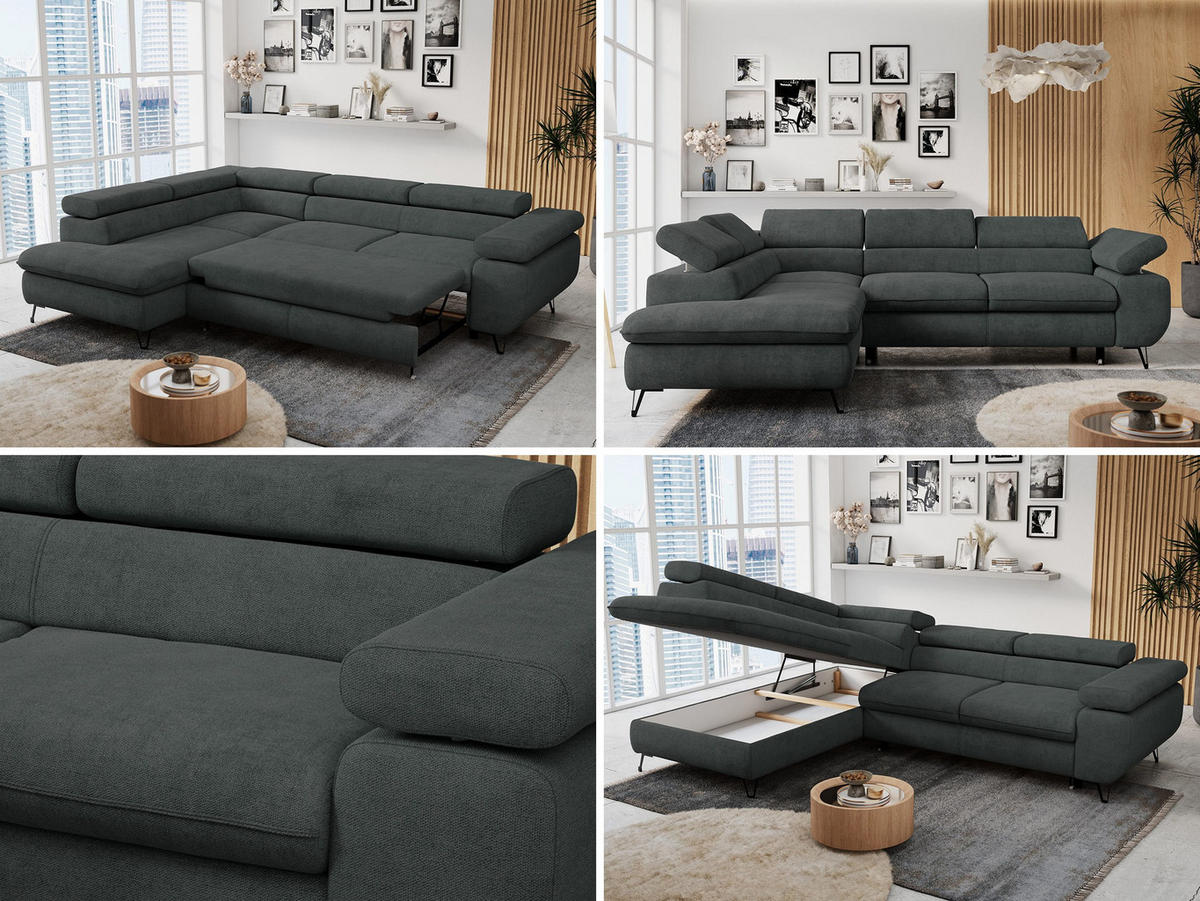 ECKSOFA PETER L Dunkelgrau Struktur - Links Seite - Dunkelgrau/Schwarz, Textil/Metall (208/273cm) - MKS