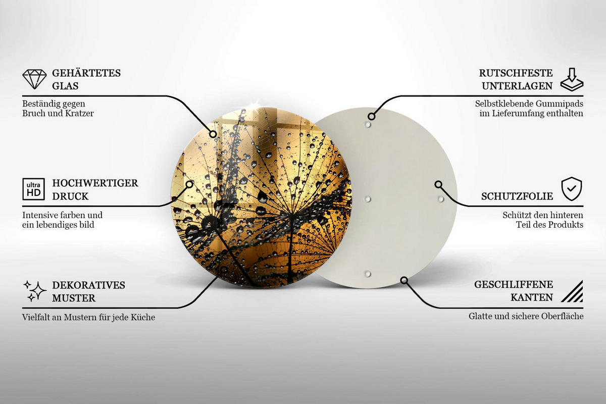 GLASPLATTE Ø 40 cm Rosa und Pusteblumen - Currygelb, Glas (40/40cm) - Wallfluent