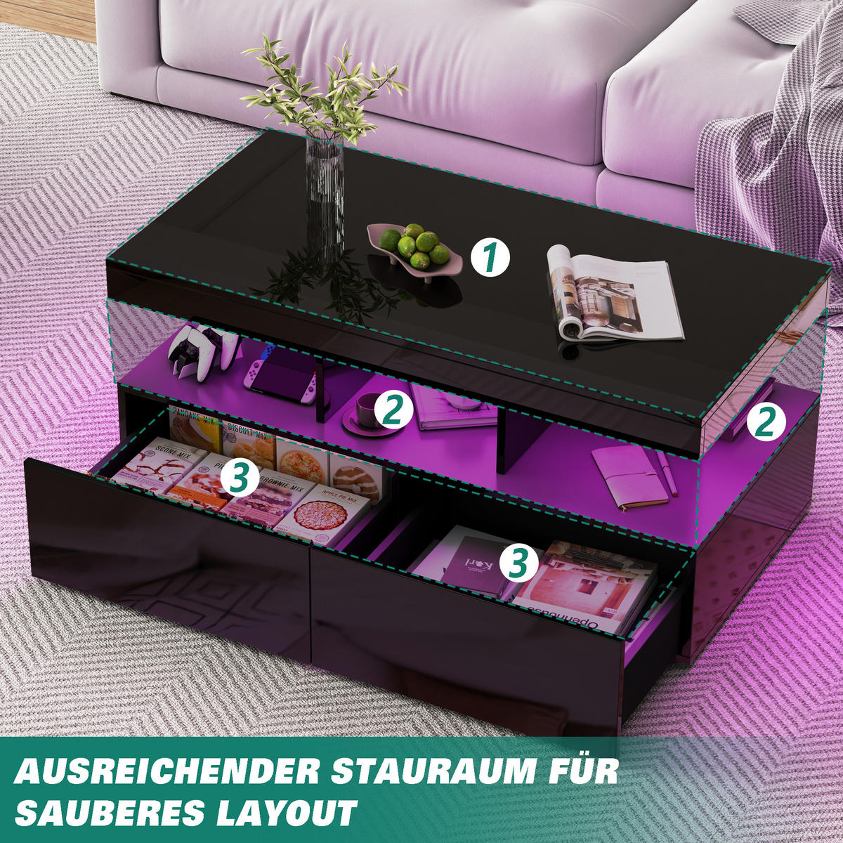 COUCHTISCH mit LED Stauraum Schublade 104x53x46 cm - Schwarz, Holzwerkstoff (104/53/46cm) - SHOPENTRA