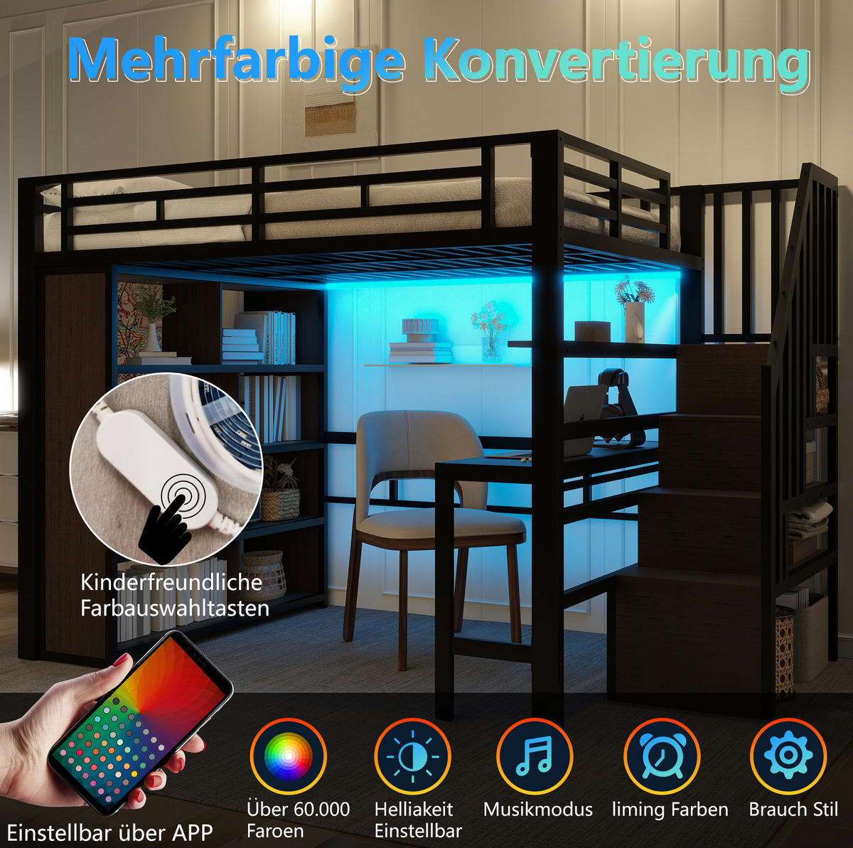 HOCHBETT 140/200 cm aus Metall mit Schreibtisch, Stauraumstufen und LED-Lichtleiste Schwarz - Schwarz, Metall (140/200cm) - Modenvie
