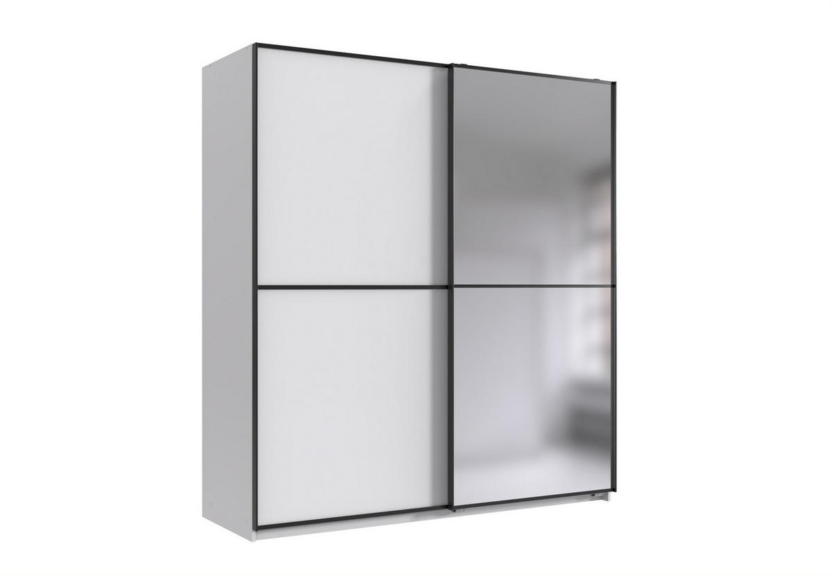 SCHWEBETÜRENSCHRANK Ulm in Weiß mit Aufleistungen in Schwarz 180 x 198 x 65 cm (B x H x T) Kleiderschrank mit Spiegel - Weiß, Holzwerkstoff (80/200/120cm)