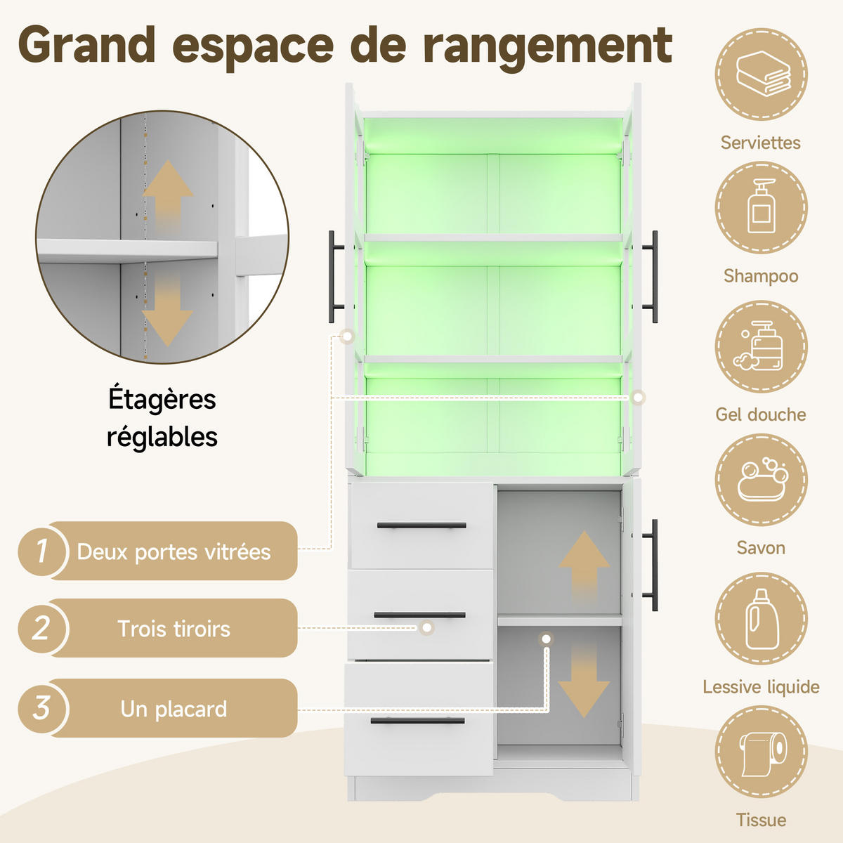 BADEZIMMERSCHRANK in Weiß Aufbewahrungsschrank mit Verstellbare Einlegeböden und App-gesteuertes LED, B72/T35/H170cm - Weiß, Glas/Holzwerkstoff (72/170/35cm) - STILVORA