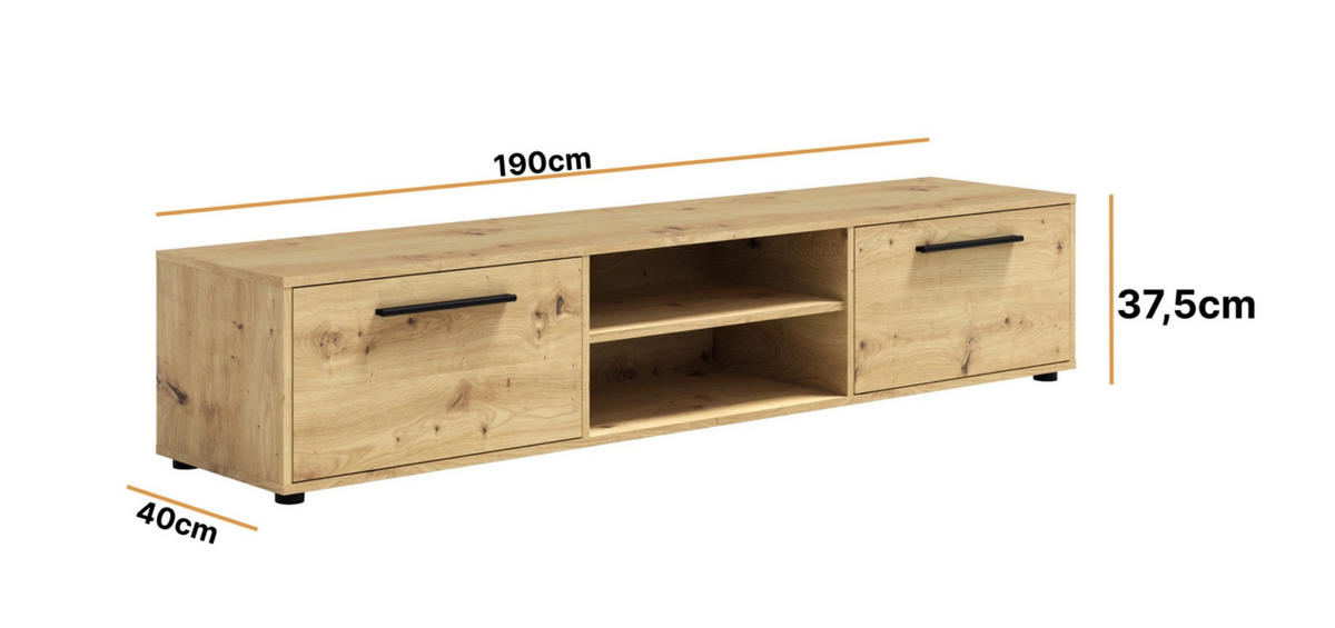 TV-SCHRANK Modena 190 cm mit Türen und Regalen in Eiche Artisan - Schwarz/Eiche Artisan, Holzwerkstoff/Kunststoff (190/38/40cm) - Ravio