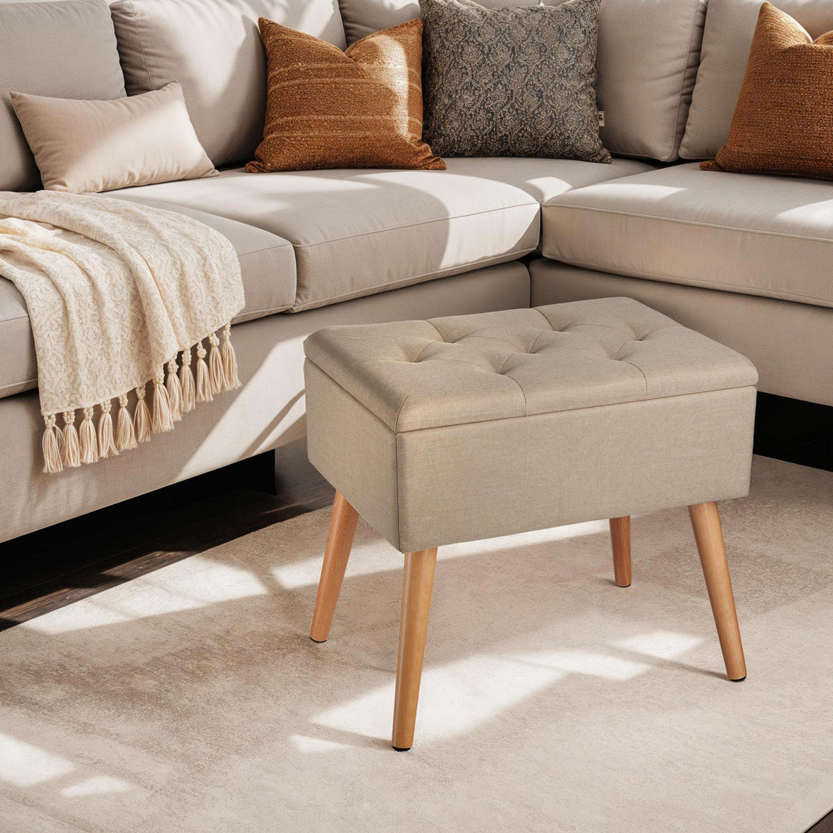 SITZBANK Ranya,51 x 37,5 x 45,5 cm,Sand - Sandfarben, Holz (37.5/45.5/51cm) - tectake