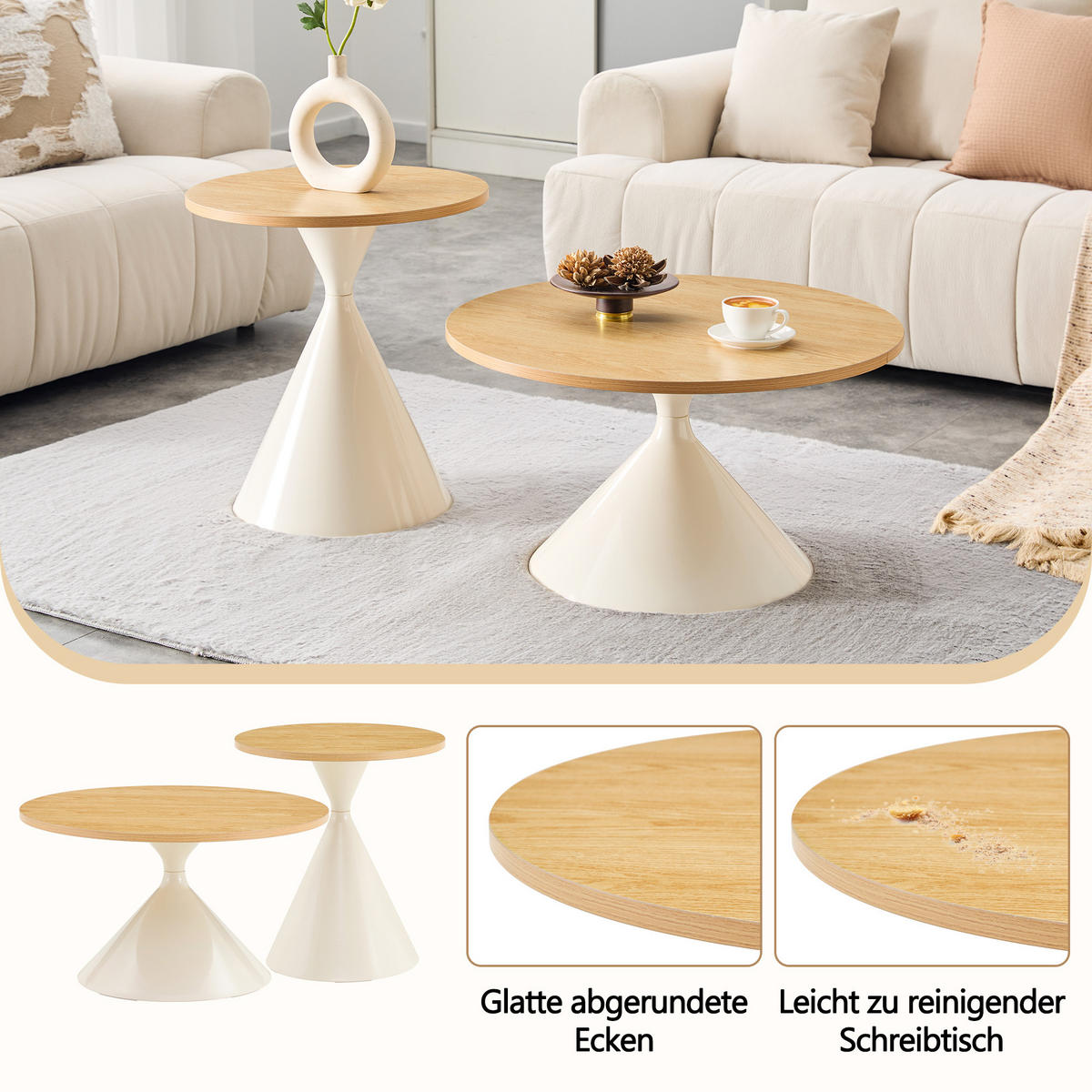 COUCHTISCH-SET DE-37434 2er-Set konusförmig mit Holzoptik Naturholz/Creme - Creme/Naturfarben, Metall (50/50/50cm) - ComfortXL