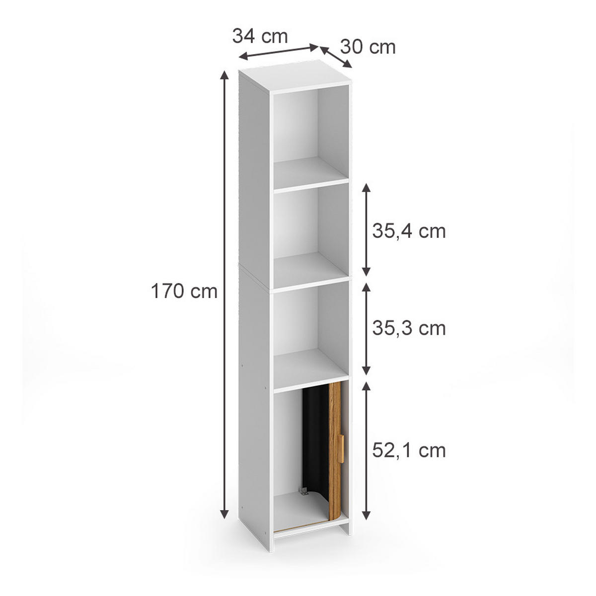 HOCHSCHRANK Norea, Eiche/Weiß, 34 x 170 cm - Eichefarben/Weiß, Holzwerkstoff (34/170/30cm) - Vicco