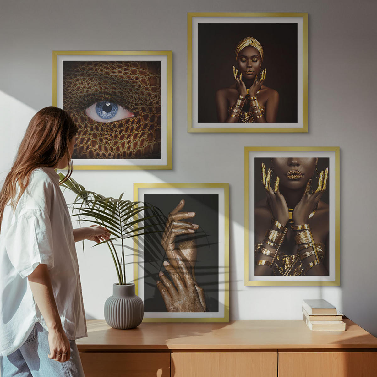 BILDER SET 4er Set - 50x50 cm & 40x60 cm Goldrahmen - Künstlerische Porträts von Frauen - Goldfarben, Kunststoff (50/50cm) - TULUP