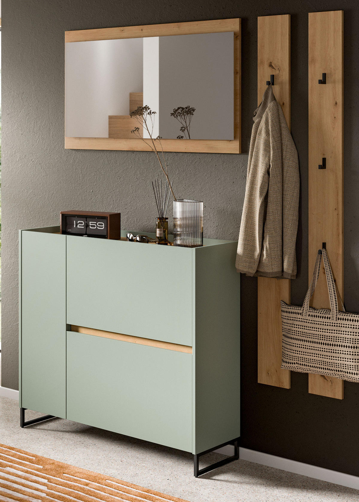 GARDEROBEN-SET Salbei und Artisan Eiche, Garderobe 172 x 197 cm, Soft-Close - Salbeigrün/Schwarz, Holzwerkstoff/Metall (172/197/32cm) - Inn.Furn