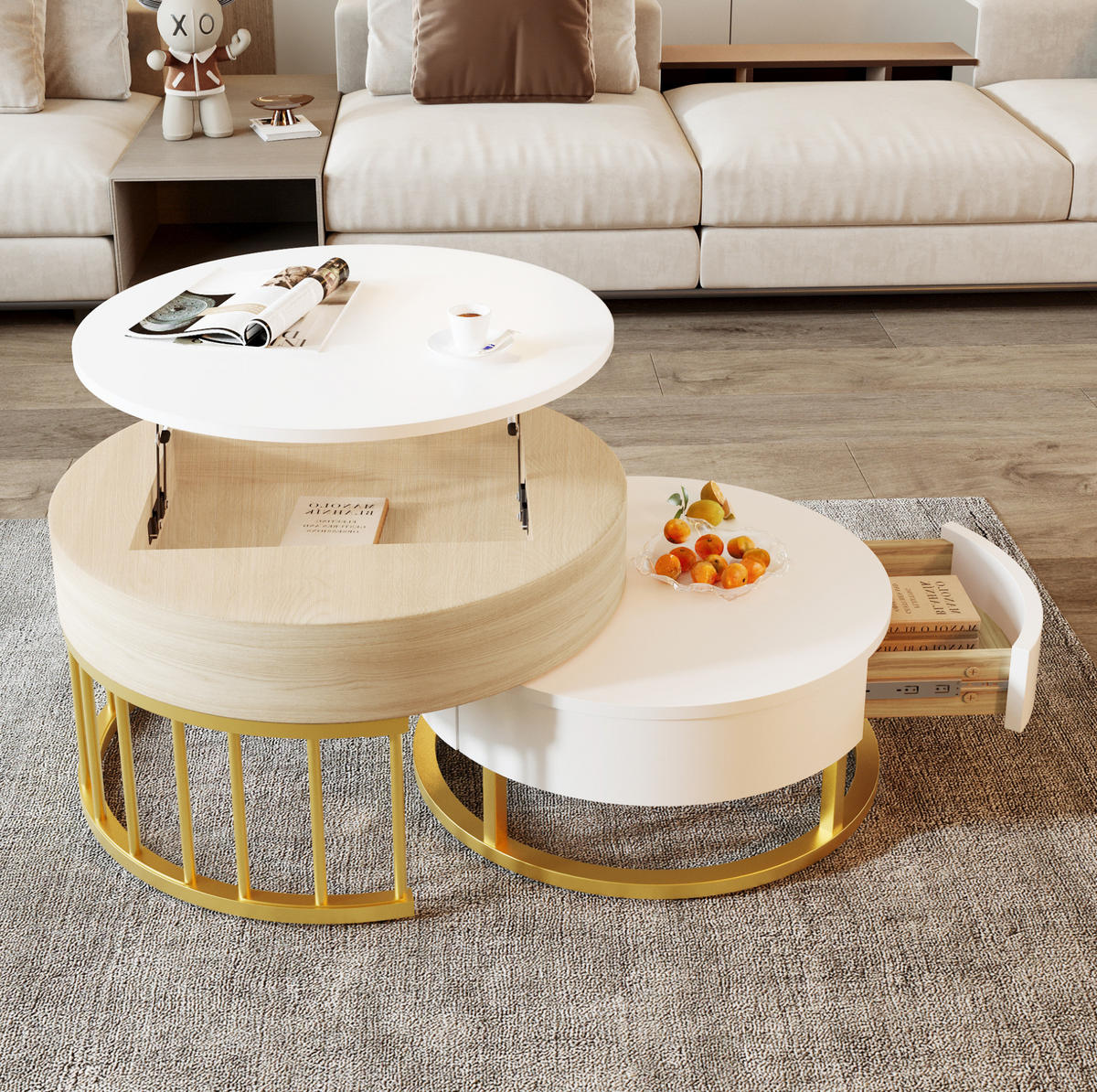 COUCHTISCH 2er-Set rund höhenverstellbar MDF Weiß Gold - Weiß, Holz (70/70/56cm) - Meubliv