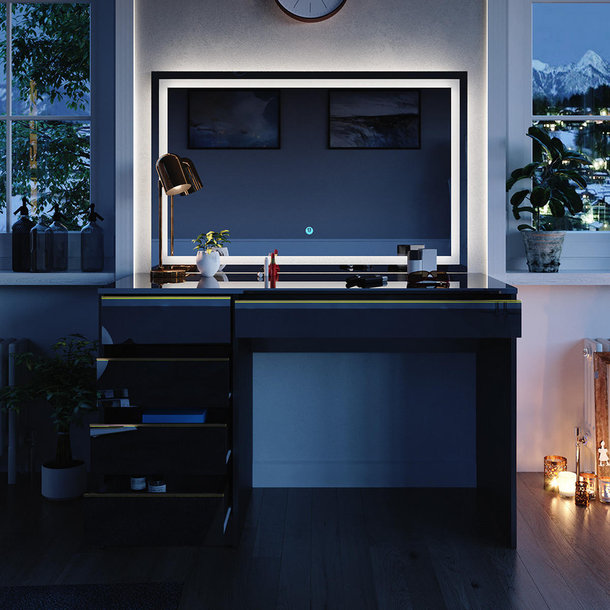 SCHMINKTISCH Sherry Schwarz/Gold 120 cm mit LED-Spiegel - Goldfarben/Schwarz, Holzwerkstoff (120/75/55cm) - Vicco