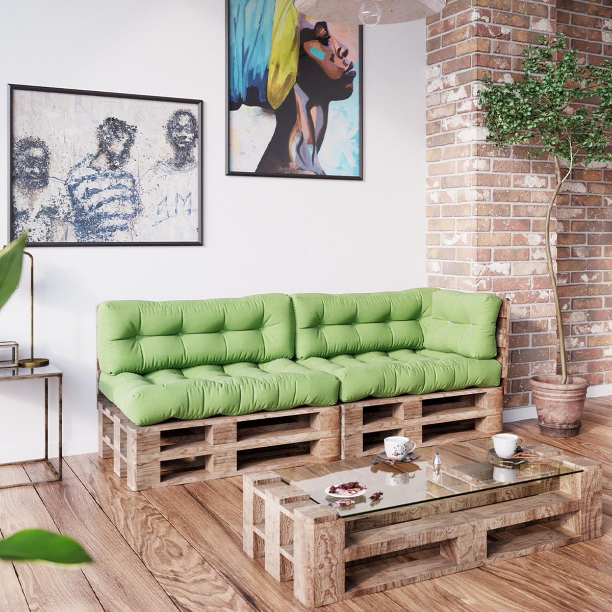 PALETTENKISSEN SET Flocken Grün 5 Teile - Grün, Textil (120/15/80cm) - Vicco