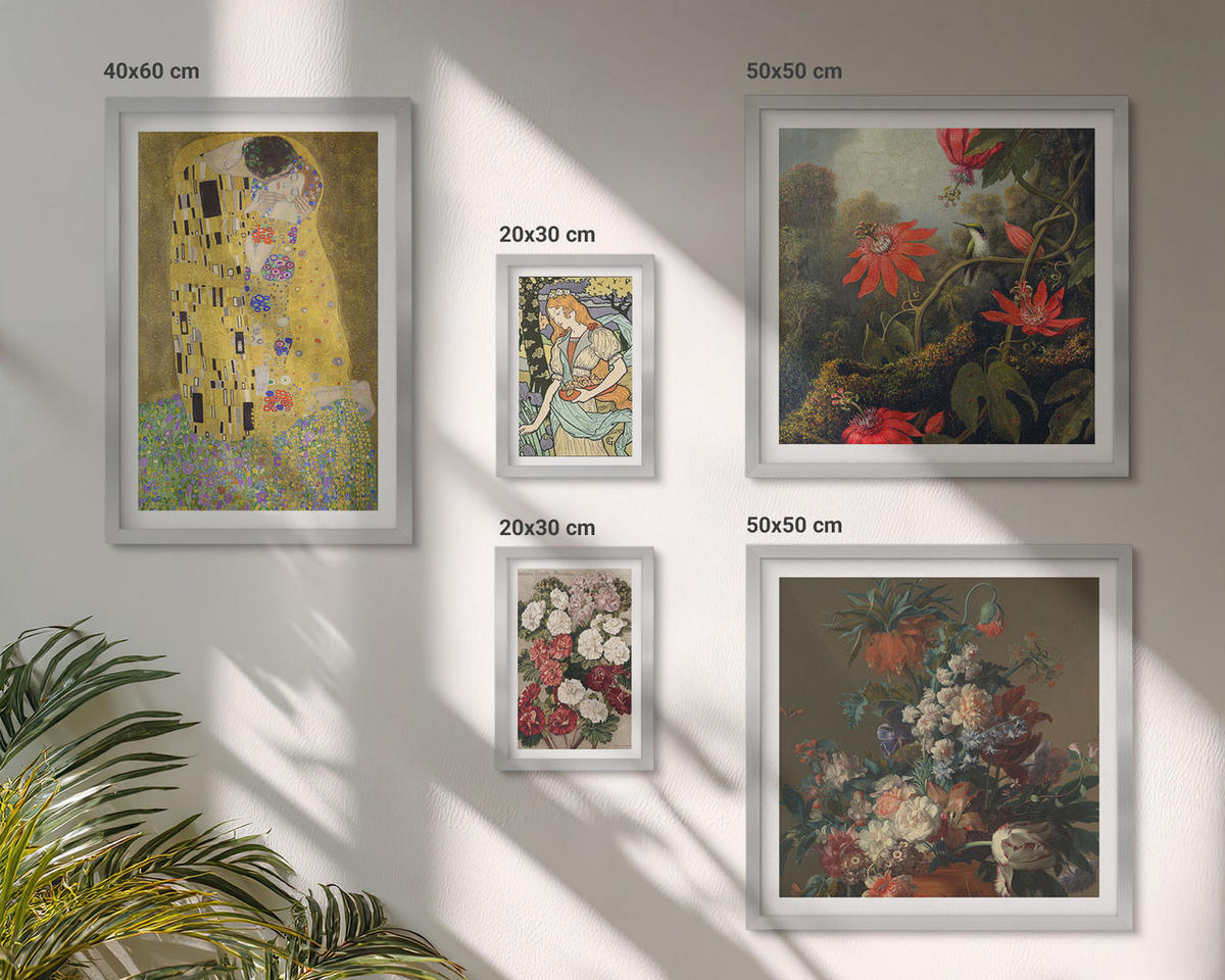 BILDER SET 5er Set - 50x50 cm & 20x30 cm & 40x60 cm Silberner Rahmen - Blumen des Baumes (Gemälde von Klimt) - Silberfarben, Kunststoff (40/60cm) - TULUP