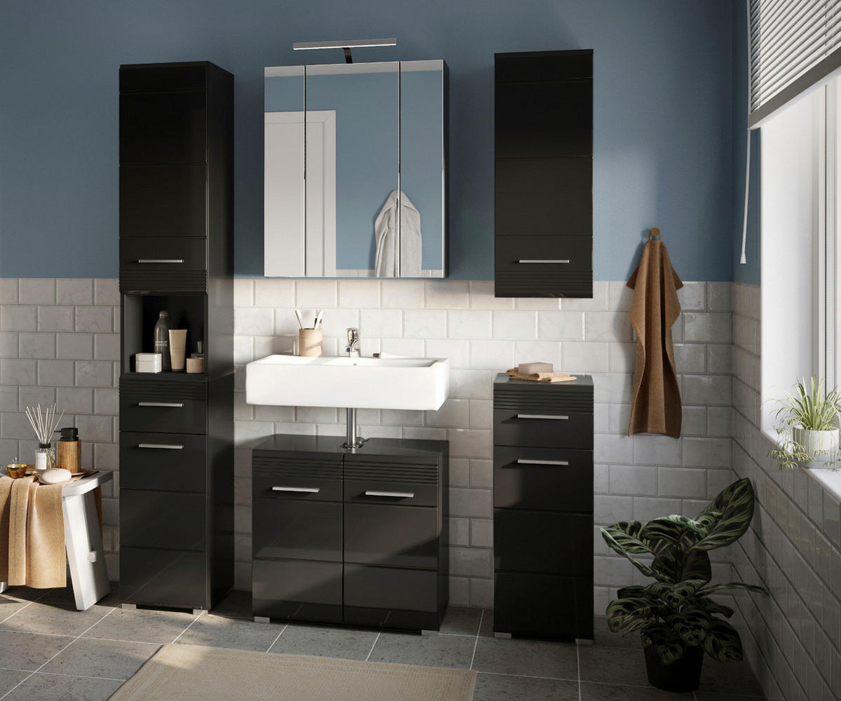 BADMÖBEL-SET schwarz Hochglanz, 2-teilig 60 cm, Badkombination mit Spiegelschrank - Schwarz, Glas/Holzwerkstoff (60/190/34cm) - Inn.Furn