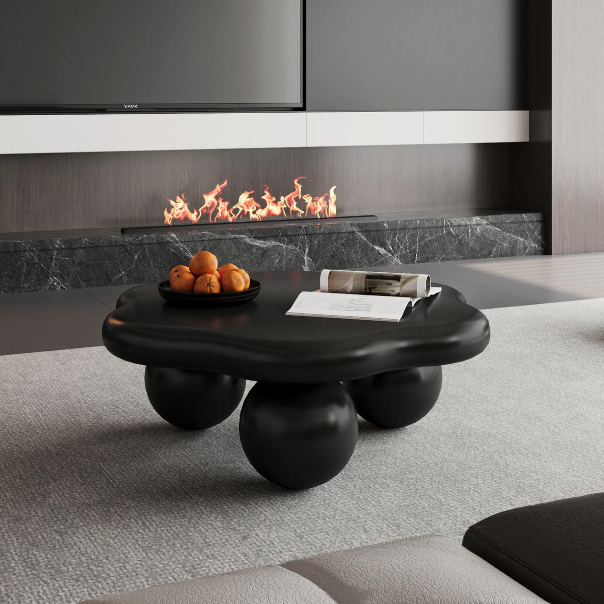 COUCHTISCH Couchtisch Ø80cm-Schwarzer Wohnzimmertisch in Wolkenform Matt mit Kugelbeinen - Schwarz, Holz (79/79/31cm) - Raelunyi