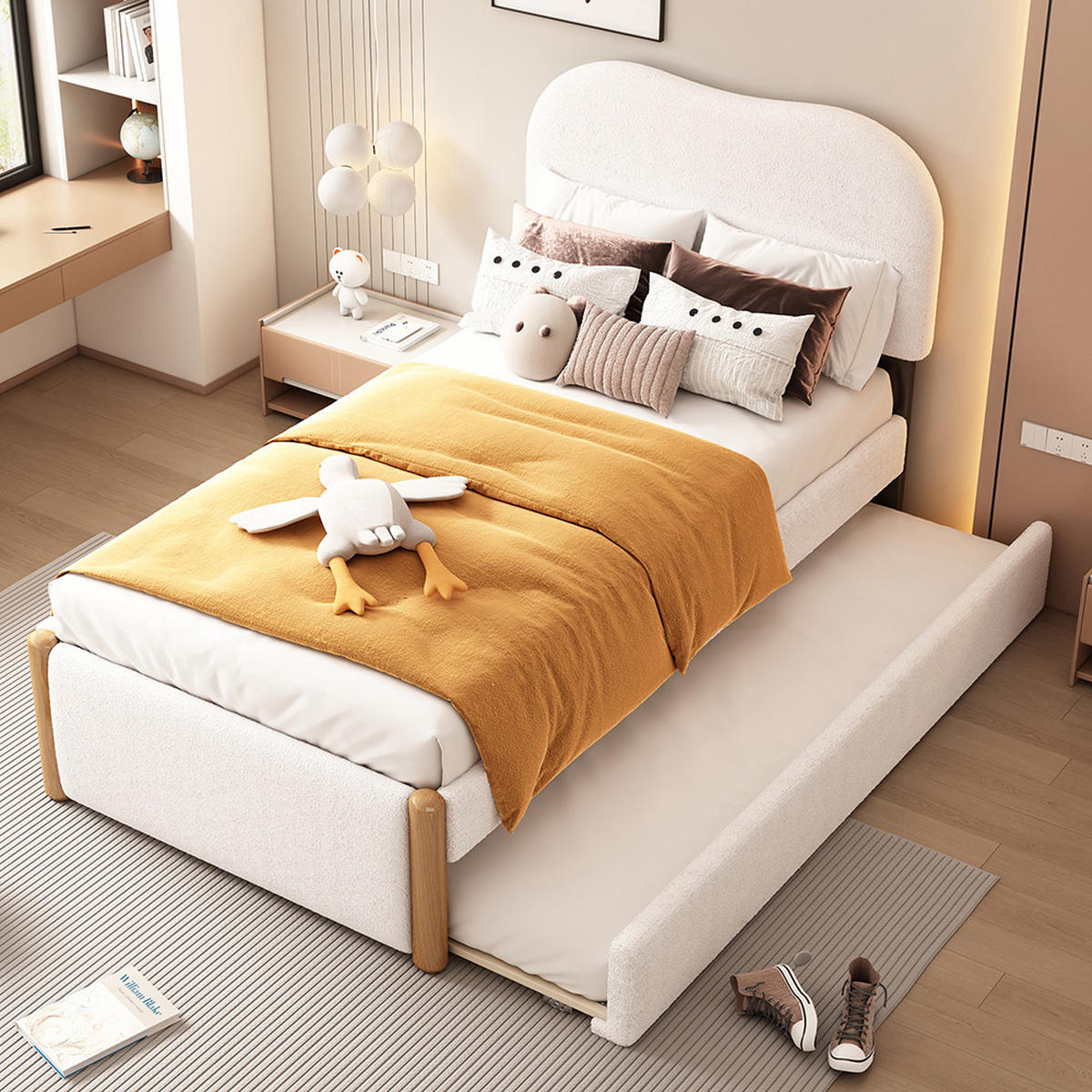 POLSTERBETT 90/200 cm in White mit praktischem ausziehbares Rollbett - Weiß, Holz/Textil (90/200cm) - KOMHTOM