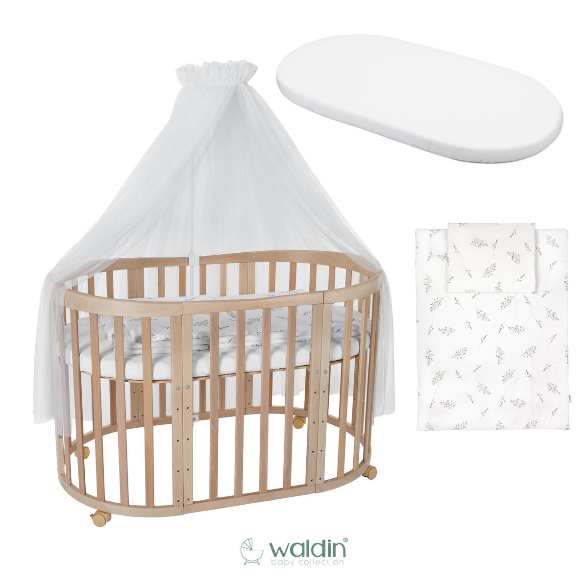 BABYBETT NATUR OVAL 7in1 mit Matratze und Himmelset - Naturfarben/Weiß, Holz/Textil