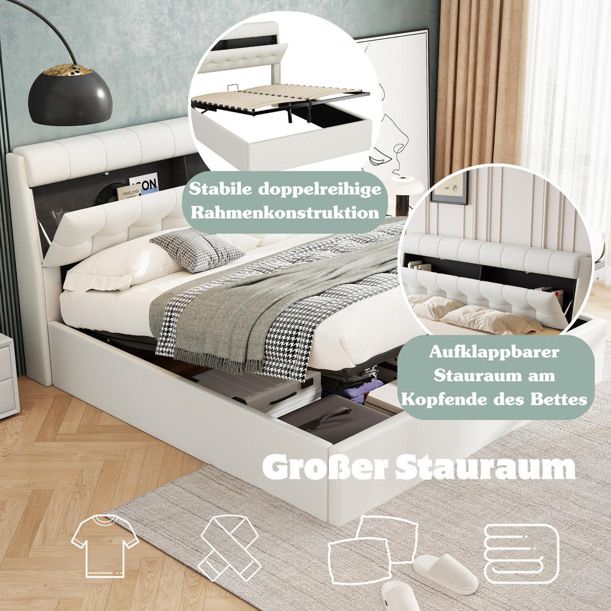 POLSTERBETT 140x200cm Weiß PU Mit Hydraulik & Verdecktem Stauraum - Weiß, Leder (140/200cm) - FLIEKS