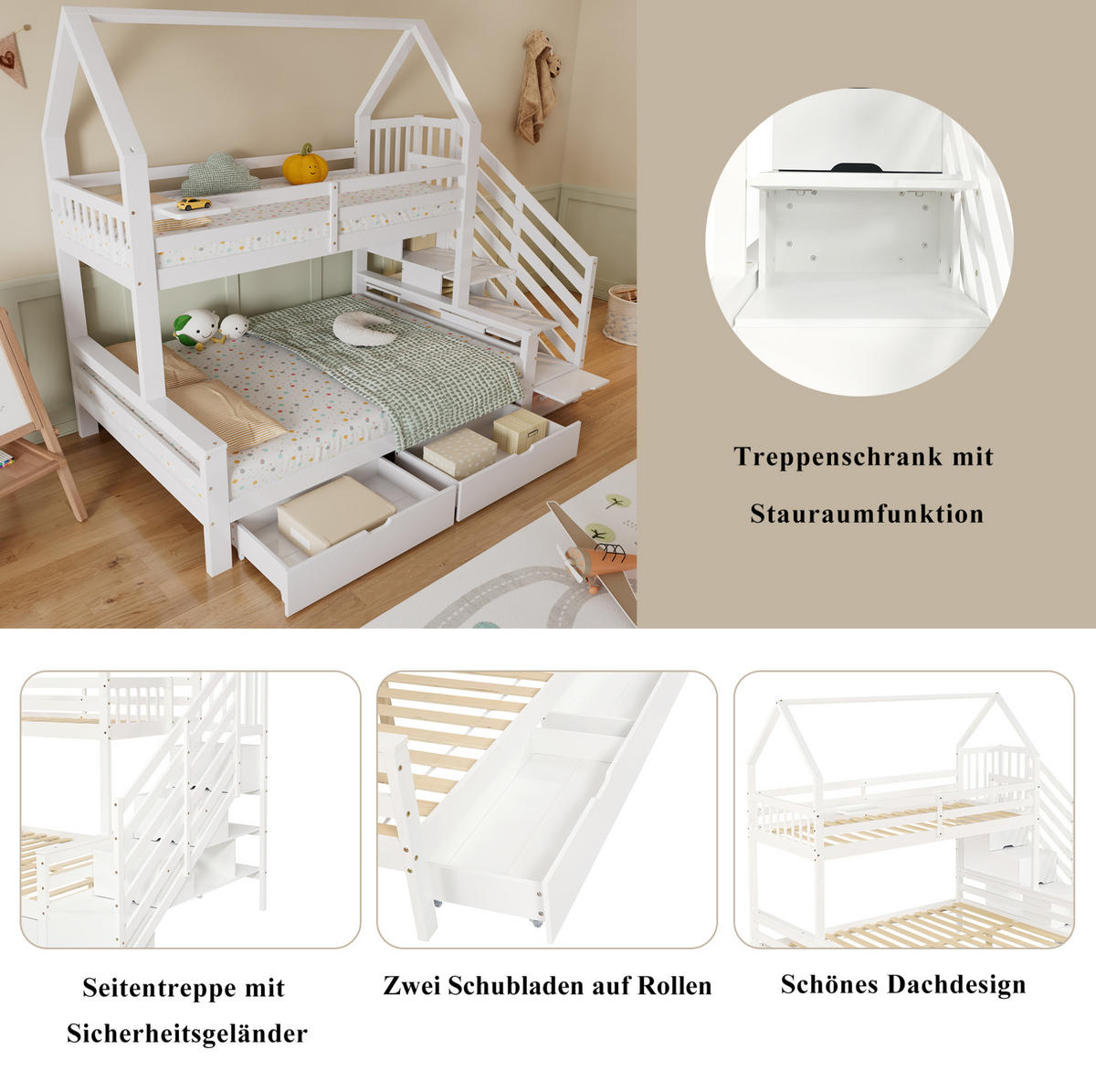 KINDERETAGENBETT aus Kiefernholz 90x200/140x200 cm Weiß mit Stauraumtreppe und Schubladen - Weiß, Holzwerkstoff (90/200cm) - IVMEU