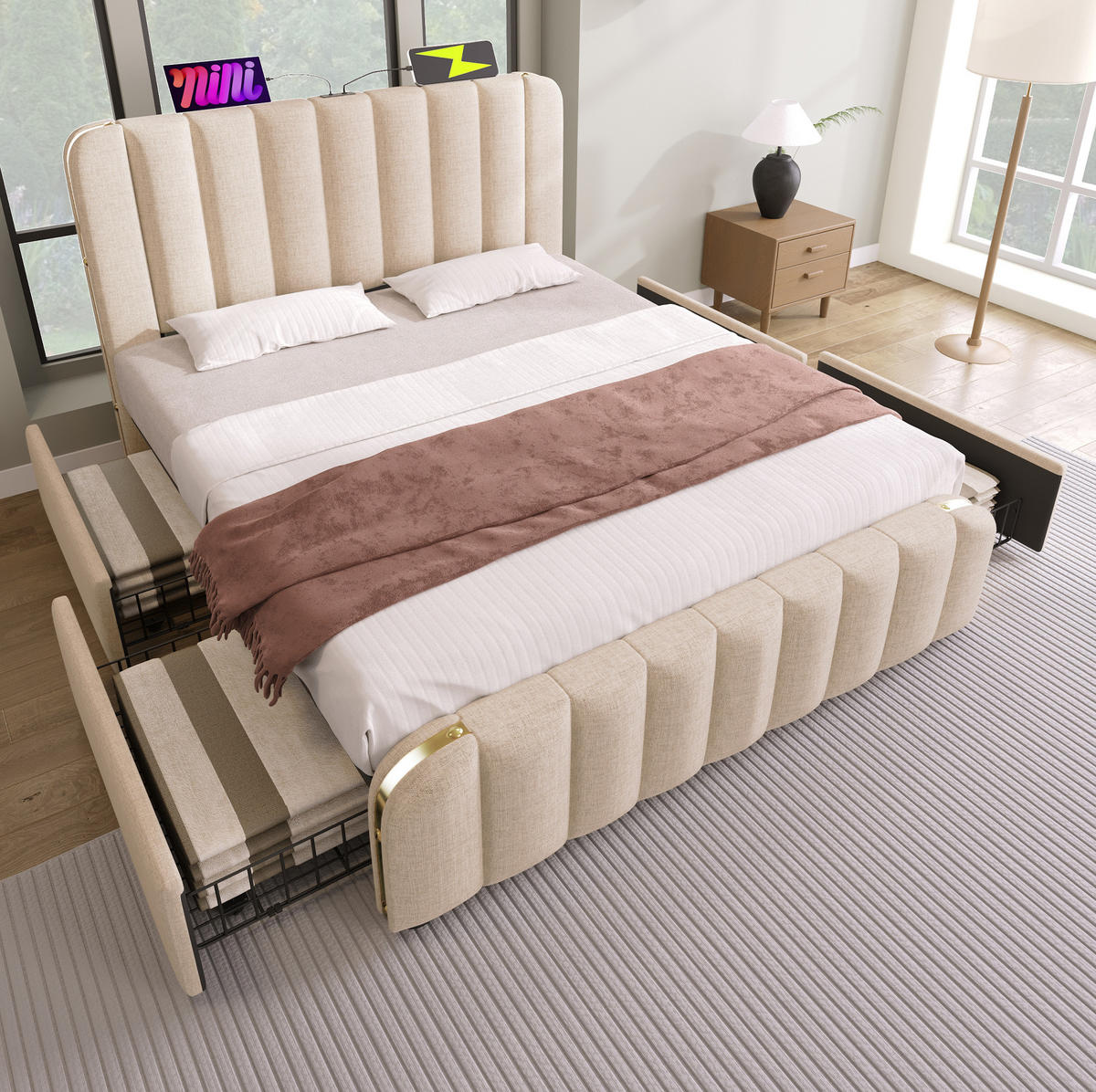 POLSTERBETT 160/200 cm mit 4 Schubladen, USB/Typ-C im Kopfteil, Leinen Beige - Beige, Textil (160/200cm) - Redom