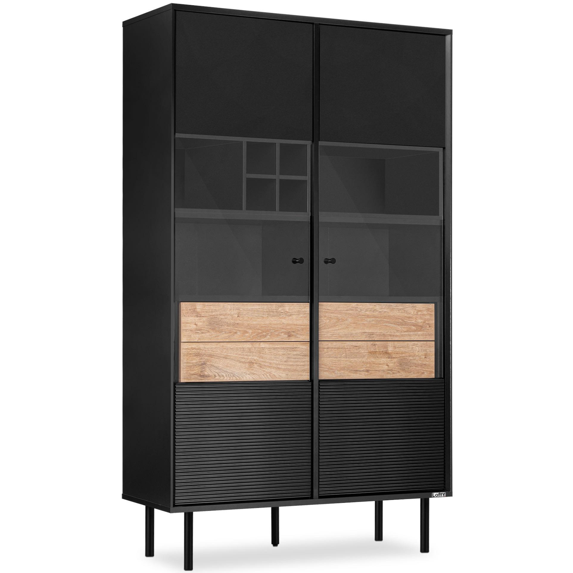Konsimo® Vitrinenschränk Schwarz, Eiche 102x174x41 cm