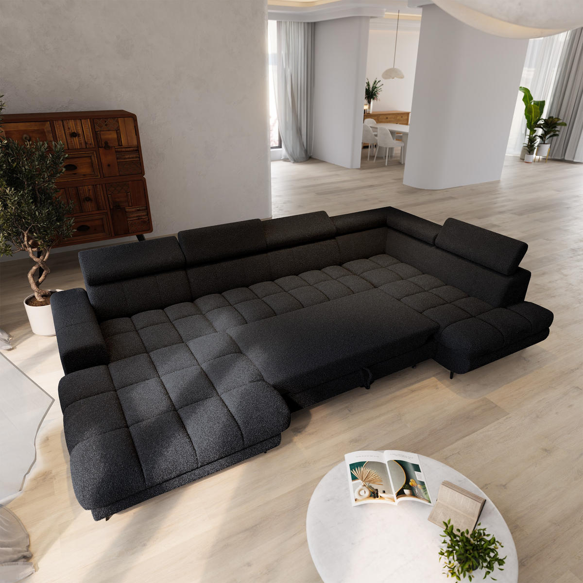 WOHNLANDSCHAFT CORENO Schwarz Boucle-Stoff mit Schlaffunktion - Schwarz, Holz (345/88/190cm) - MASSENO